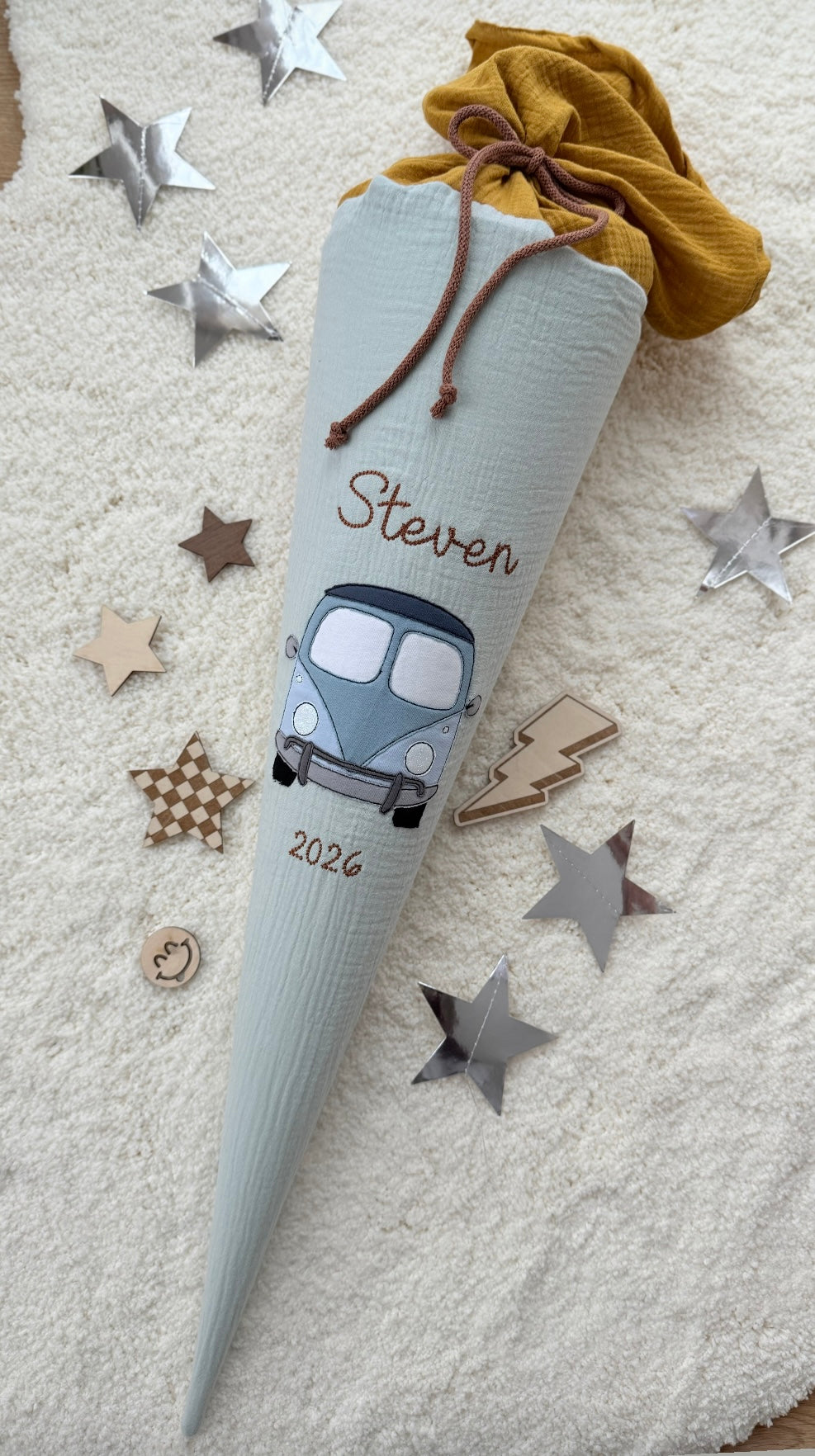 Musselin Schultüte für Jungen Bus, personalisierte Schultüte aus Stoff inkl. Kisseninlett