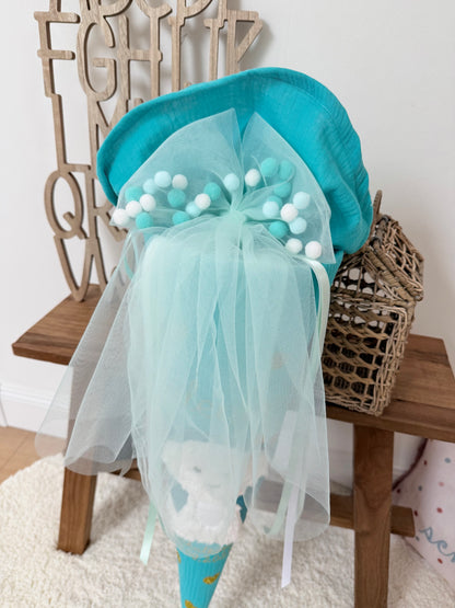 Pompon-Tüllschleife Türkis, für Schultüten ab 70 cm & 35 cm, Schleife für Schultüten Kita- und Geschwistertüten