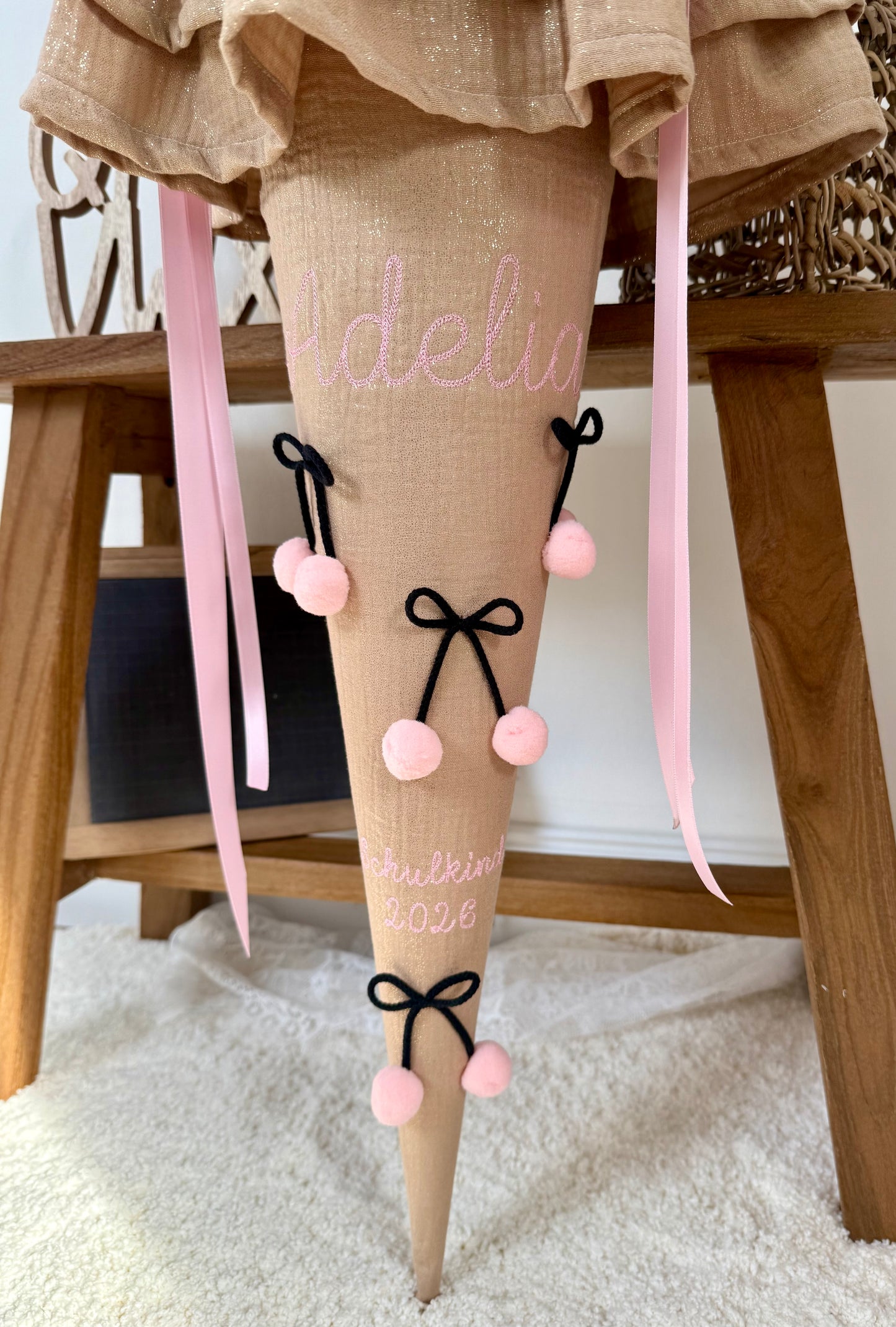 Musselin Schultüte Beige Gold für Mädchen 70 cm mit Kirschen, optional mit Kisseninlett