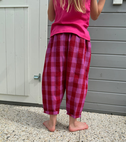 Karierte Hose, Loose Fit Hose Kinderhose, Weite Passform, Karohose Karo Rot/Pink