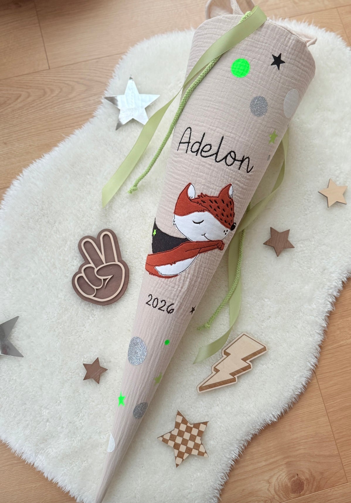 Musselin Schultüte 70 cm | Superhelden schlauer Fuchs | Kissen Inlett