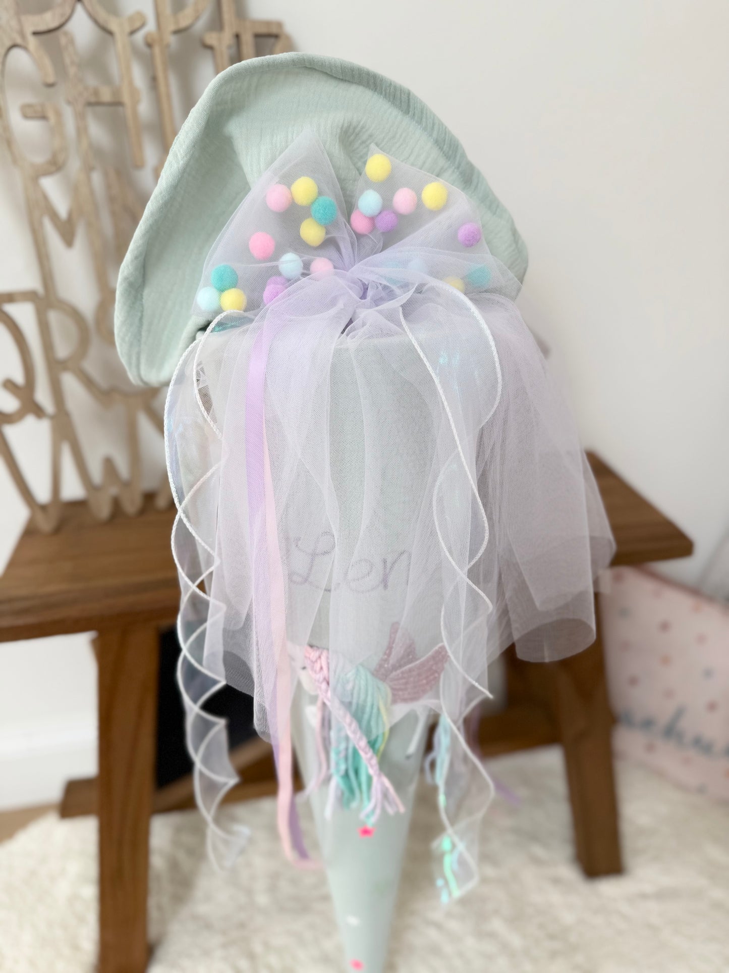 Pompon-Tüllschleife Rosa für Schultüten ab 70 cm & 35 cm, Schleife für Schultüten Kita- und Geschwistertüten