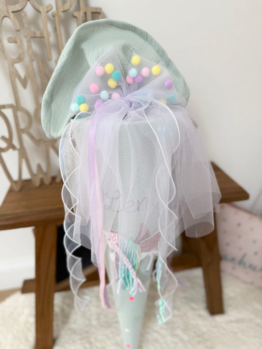 Pompon-Tüllschleife Rosa für Schultüten ab 70 cm & 35 cm, Schleife für Schultüten Kita- und Geschwistertüten