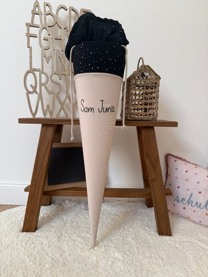 ✨ BESTSELLER ✨ Basic Musselin Schultüte 70 cm – personalisierbar, individuelle Farbauswahl, goldene Punkte, für Jungen und Mädchen