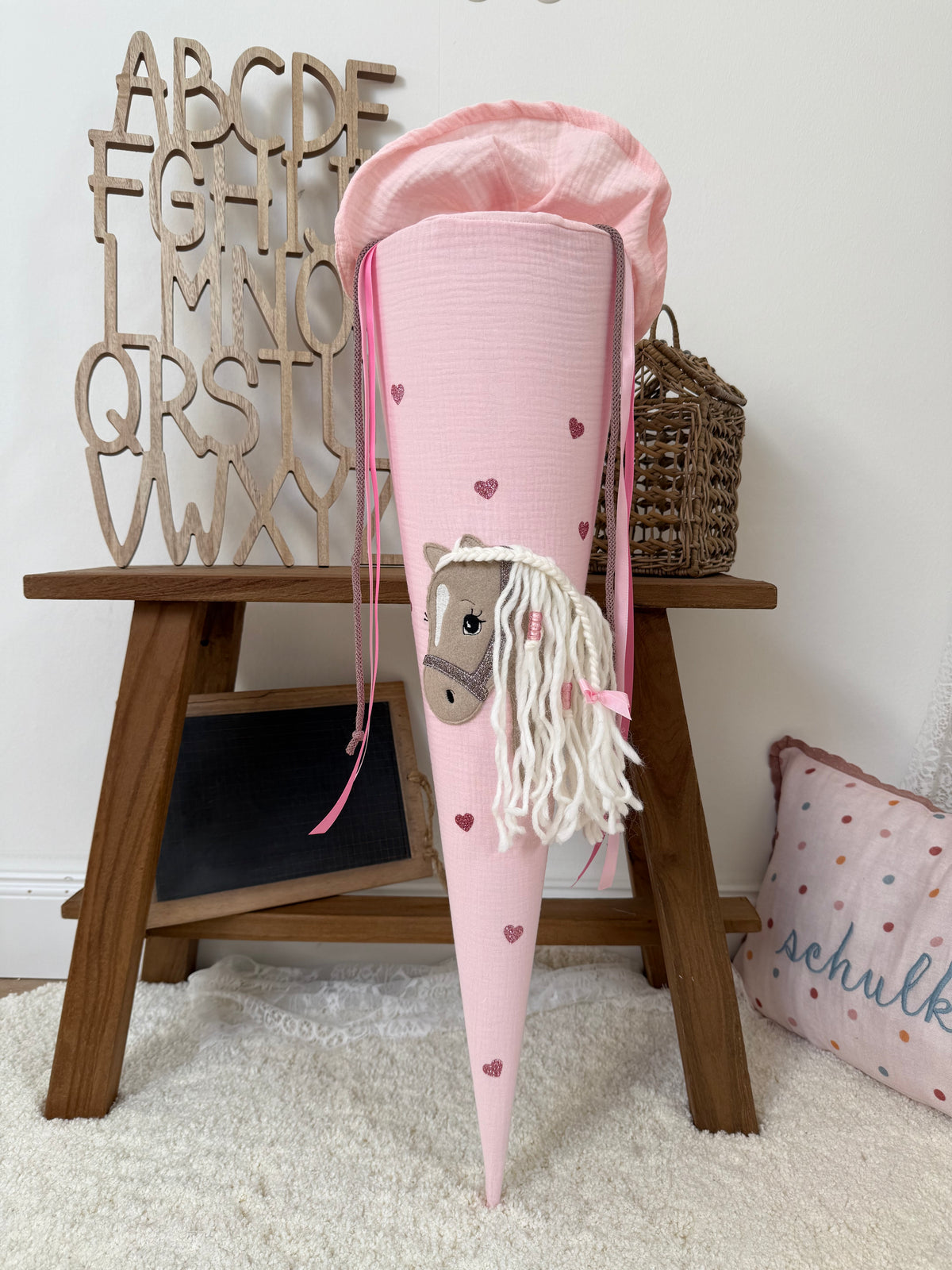 Musselin Schultüte 70 cm  Haflinger, Pferd, personalisiert inkl. Rohling- optional mit Pompon-Tüllschleife & Kissen