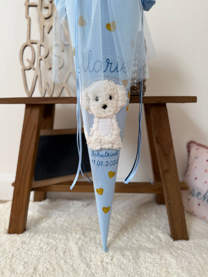 Musselin Schultüte 70 cm Blau für Mädchen mit Pompon-Tüllschleife, weißer Hund, Welpe zur Einschulung - optional mit Kisseninlett