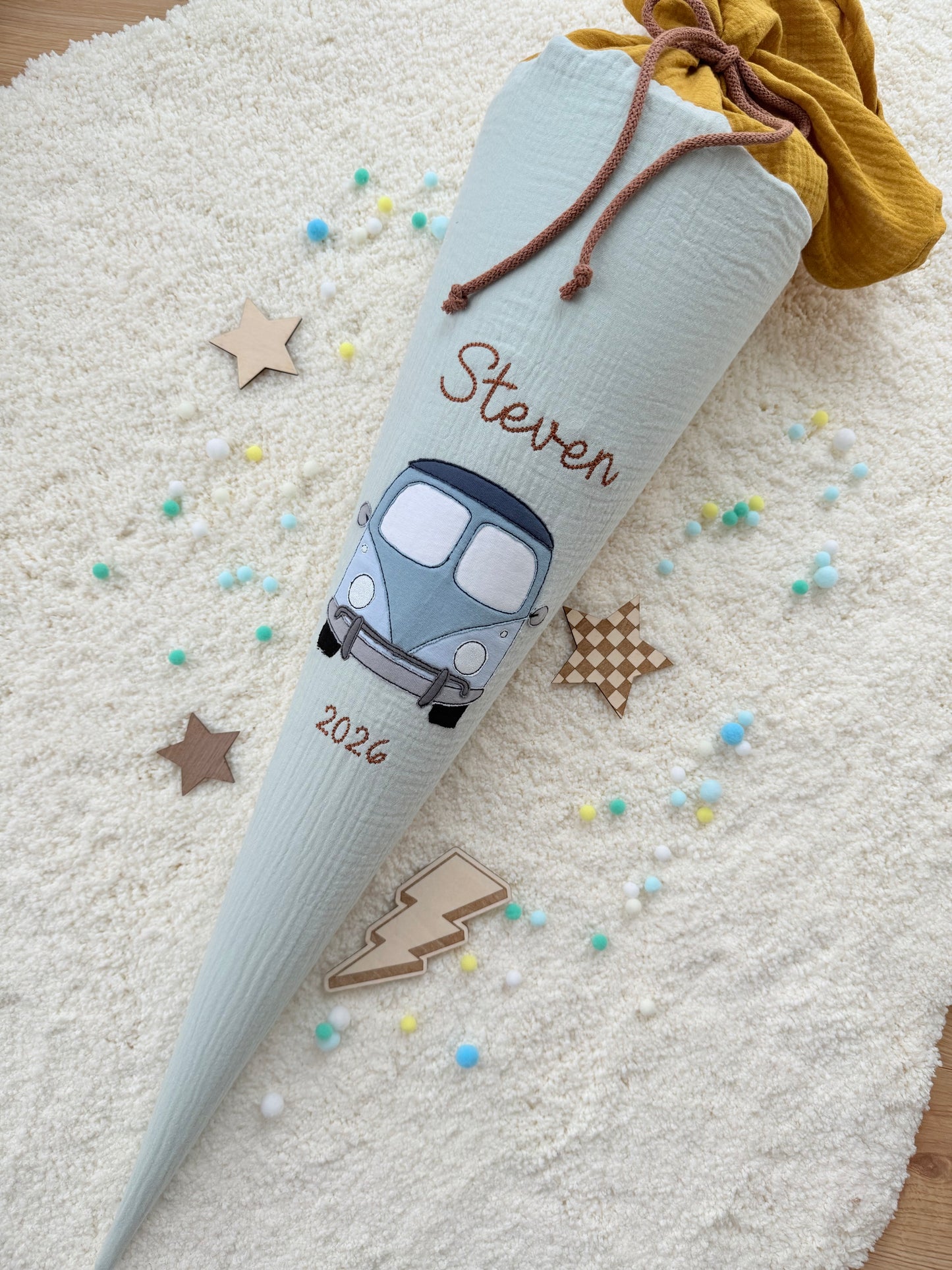 Musselin Schultüte für Jungen Bus, personalisierte Schultüte aus Stoff inkl. Kisseninlett