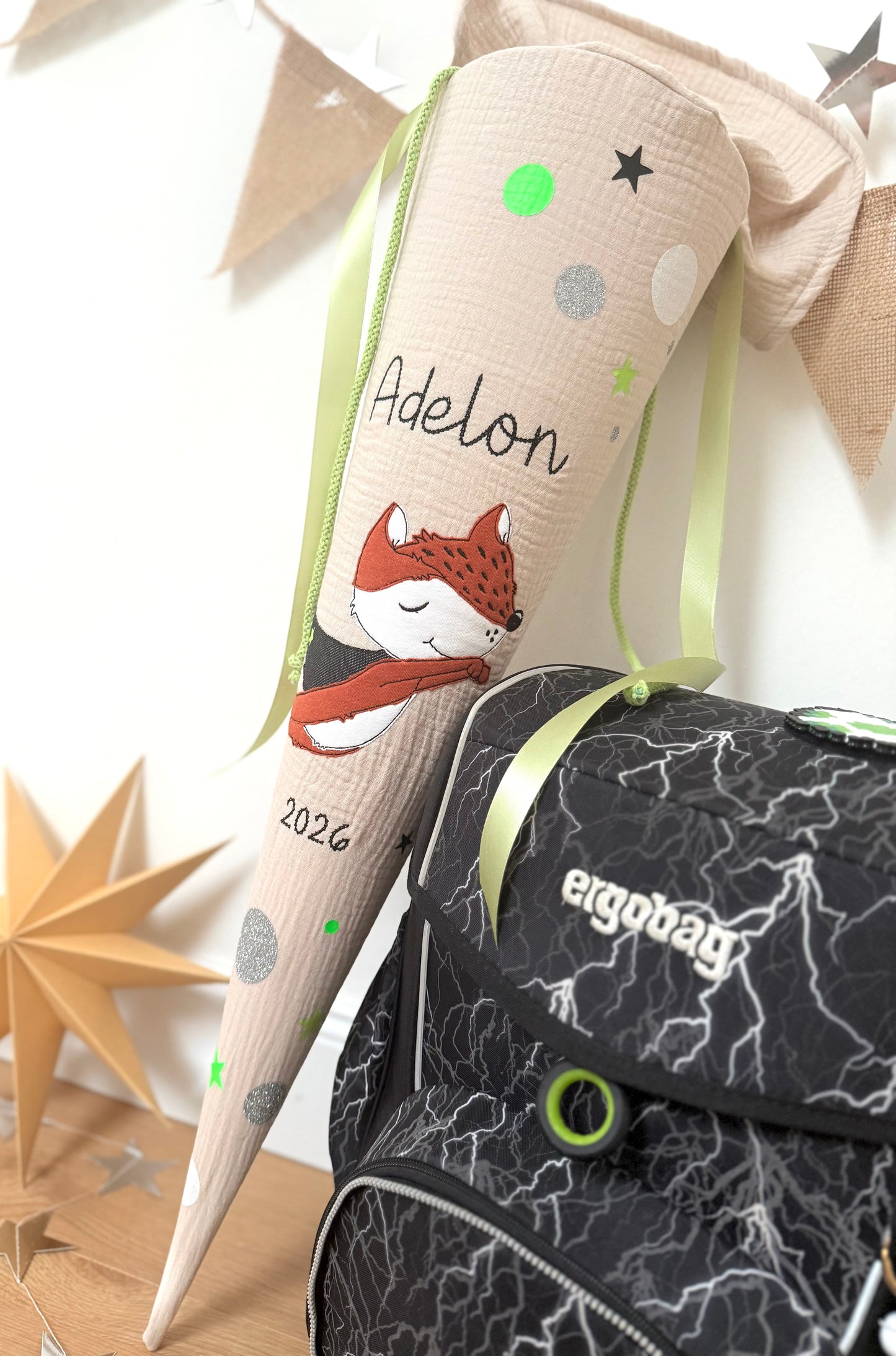 Musselin Schultüte 70 cm | Superhelden schlauer Fuchs | Kissen Inlett