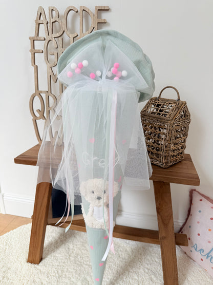 Musselin Schultüte 70 cm Mint, Rosa Herzen, Hund, Welpe zur Einschulung für Mädchen, optional mit Pompon-Tüllschleife und Kisseninlett