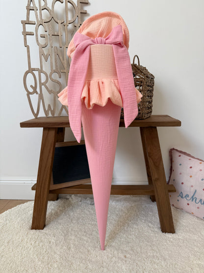 Basic Musselin Schultüte mit Rüsche & Musselinband, Unifarben zweifarbig - viele Farben, personalisierbar, optimal mit Kissen