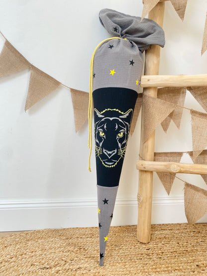 Musselin Schultüte Panther 70 cm | Geschwistertüte 35 cm | Kissen Inlett