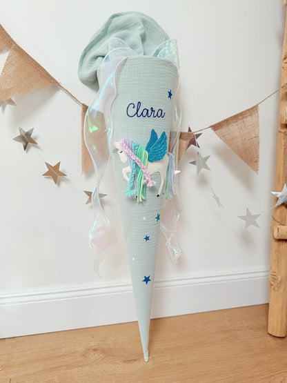 Dein Design | Musselin Schultüte 70 cm & Kita/Geschwistertüte 35 cm | Einhorn mit Flügeln | Pegasus | Regenbogenmähne | Kissen Inlett