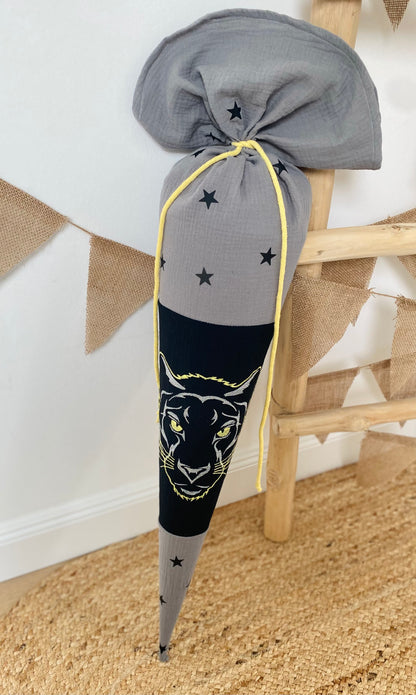 Musselin Schultüte Panther 70 cm | Geschwistertüte 35 cm | Kissen Inlett