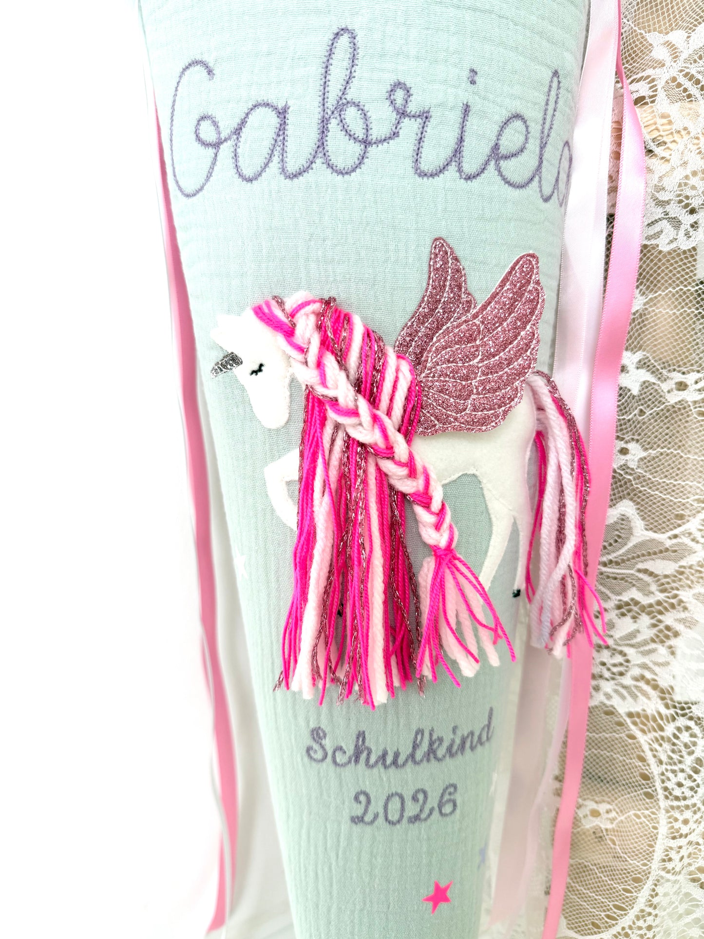 Musselin Schultüte 70 cm & Kita/Geschwistertüte 35 cm | Einhorn mit Flügeln | Pegasus mit Pinker Mähne Rose glitzernd | Kissen Inlett