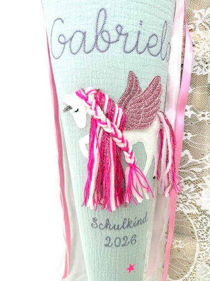 Musselin Schultüte 70 cm & Kita/Geschwistertüte 35 cm | Einhorn mit Flügeln | Pegasus mit Pinker Mähne Rose glitzernd | Kissen Inlett