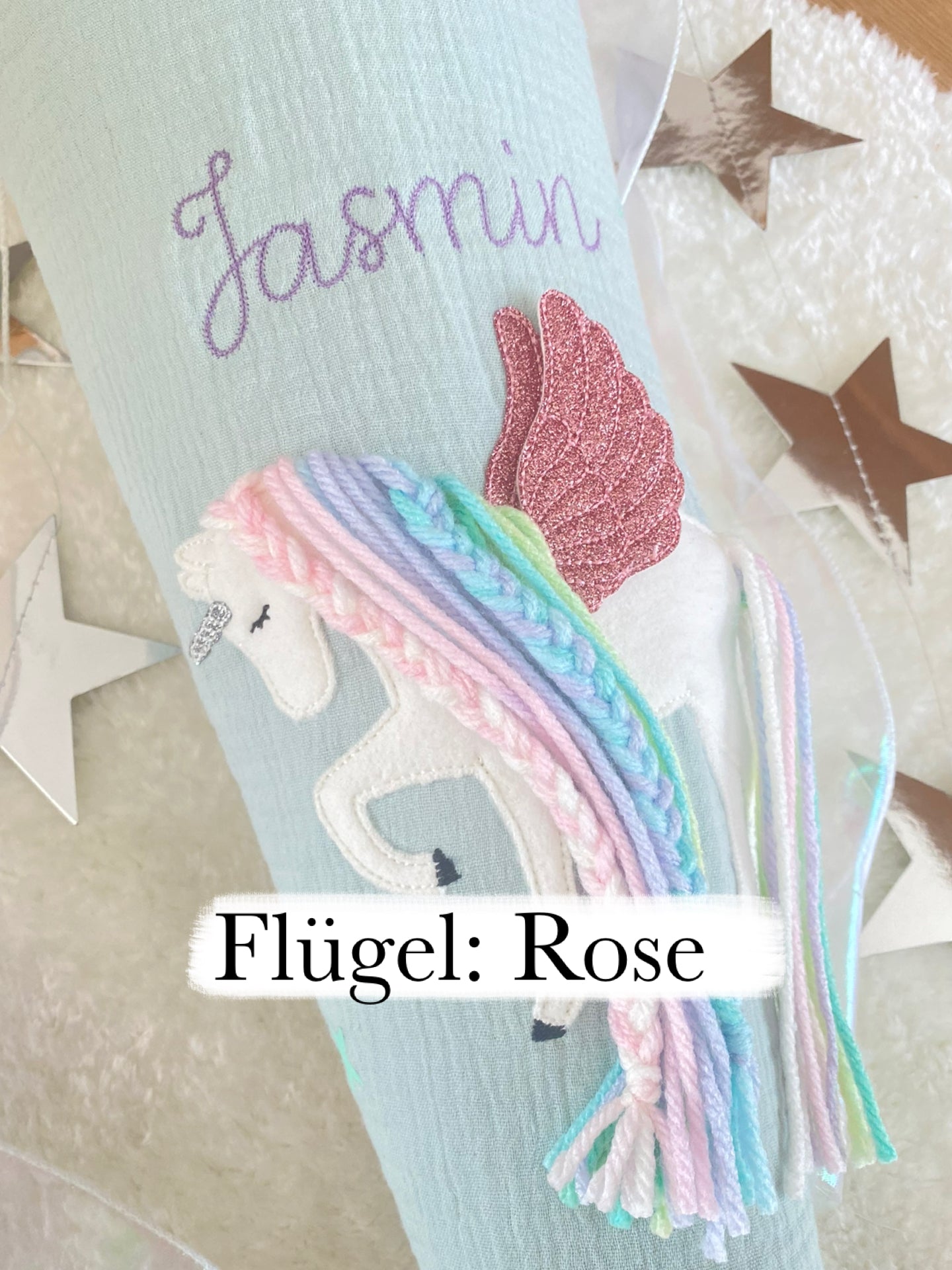 Dein Design | Musselin Schultüte 70 cm | Einhorn mit Flügeln | Pegasus | Regenbogenmähne | Kissen Inlett