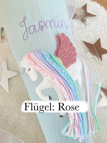Dein Design | Musselin Schultüte 70 cm | Einhorn mit Flügeln | Pegasus | Regenbogenmähne | Kissen Inlett