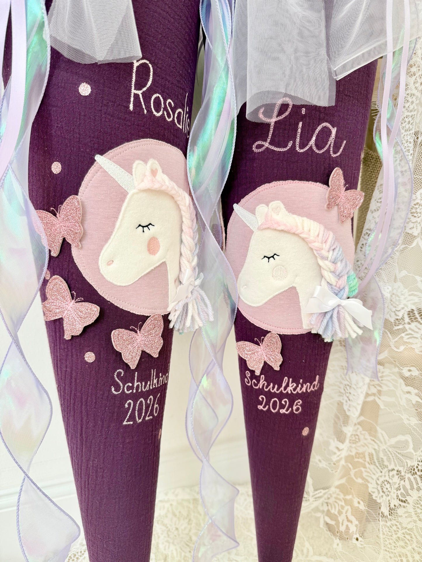 Musselin Schultüte für Mädchen 70cm, Einhorn mit Schmetterlingen – personalisiert inkl. Rohling optional mit Inlett Kissen | Schultüte aus Stoff