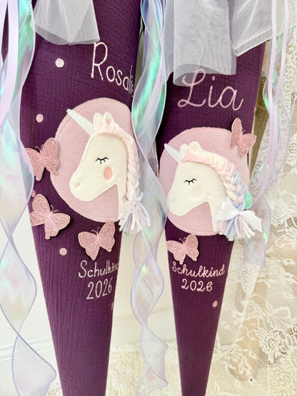 Musselin Schultüte für Mädchen 70cm, Einhorn mit Schmetterlingen – personalisiert inkl. Rohling optional mit Inlett Kissen | Schultüte aus Stoff
