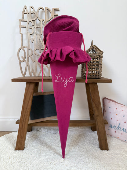 Basic Musselin Schultüte mit Rüsche 70 cm, individuelle Farbwahl– personalisierbar, optional mit Kissen