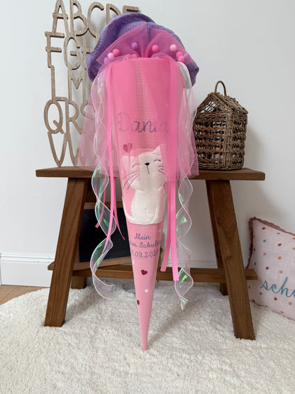 Musselin Schultüte 70 cm Rosa, Lila, Weiße Katze zur Einschulung für Mädchen, optional mit Pompon-Tüllschleife und Kissen