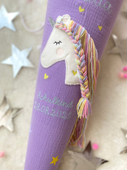 Musselin Schultüte 70 cm | Einhorn Regenbogenmähne | Kissen Inlett