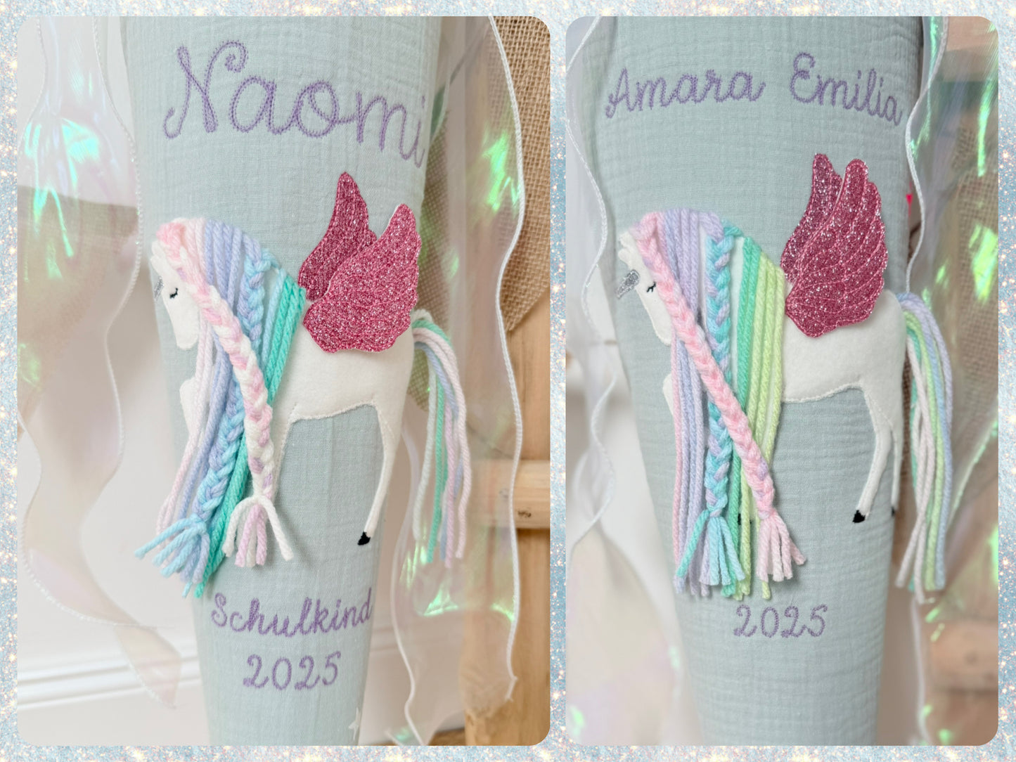 Dein Design | Musselin Schultüte 70 cm | Einhorn mit Flügeln | Pegasus | Regenbogenmähne | Kissen Inlett