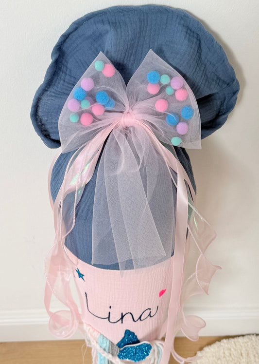 Babyrosa Tüllschleife - Pompon Schleife für Schultüte (70 cm), Kita- & Geschwistertüten (35 cm)