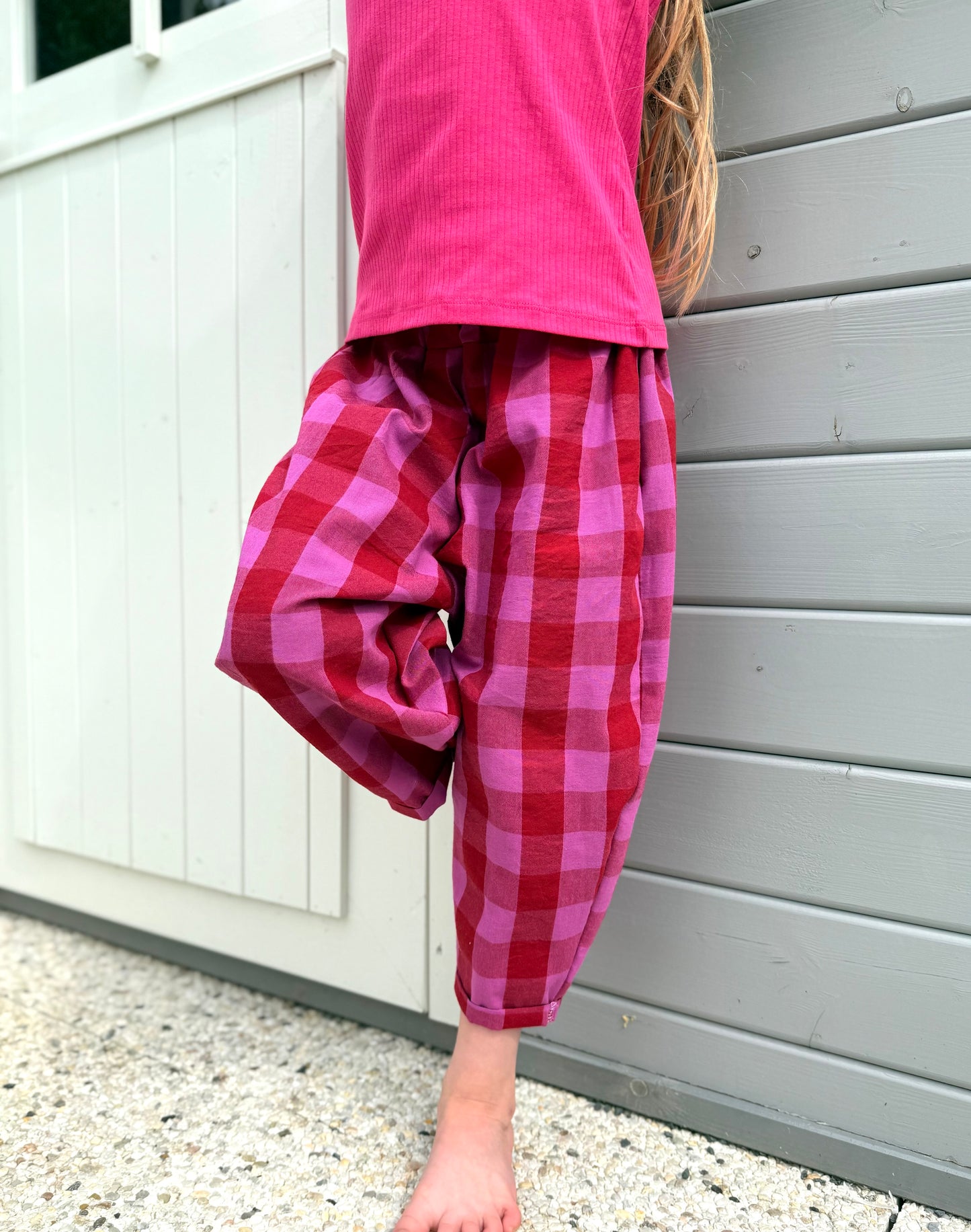 Karierte Hose, Loose Fit Hose Kinderhose, Weite Passform, Karohose Karo Rot/Pink