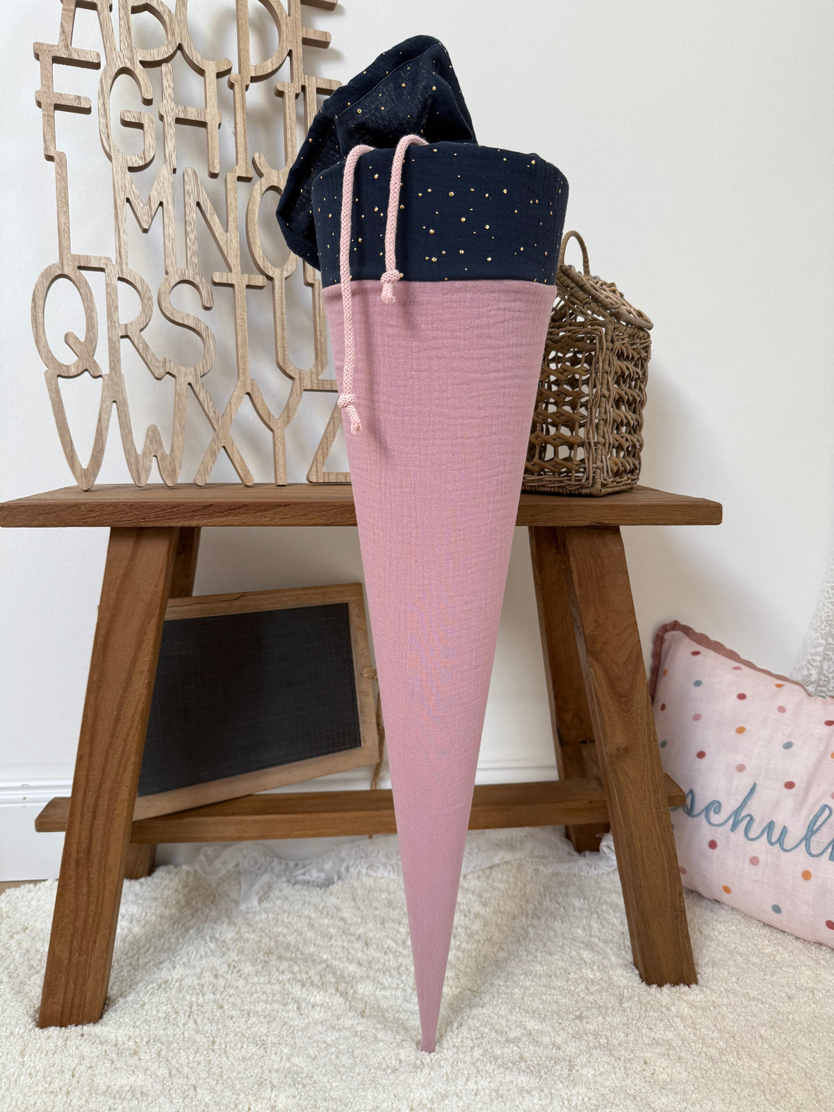 ✨ BESTSELLER ✨ Basic Musselin Schultüte 70 cm – personalisierbar, individuelle Farbauswahl, goldene Punkte, für Jungen und Mädchen
