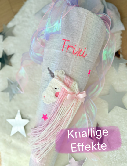 Knallige Schultüte 70 cm | Einhorn | Regenbogen Musselin | Neonpink | Holographische Effekte | Kissen Inlett