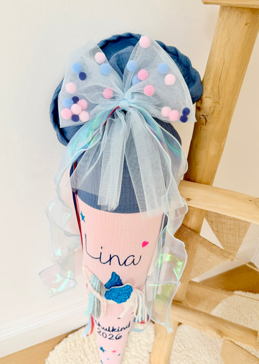 Blau/Rosa Tüllschleife - Pompon Schleife für Schultüte (70 cm), Kita- & Geschwistertüten (35 cm)