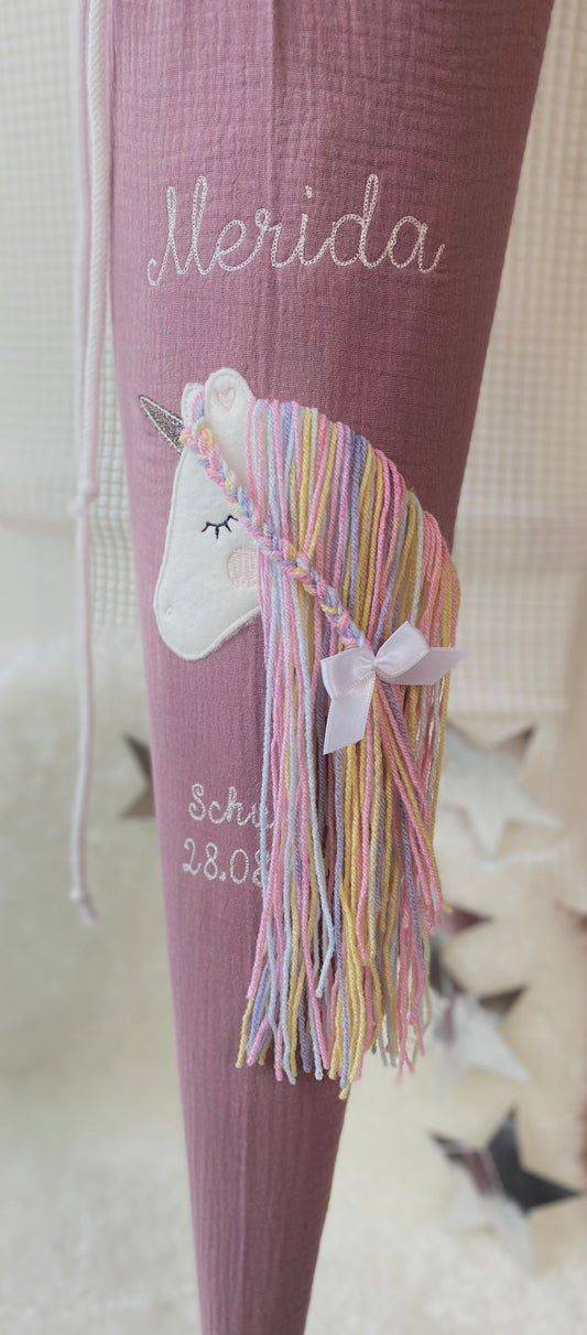 Musselin Schultüte 70 cm | Einhorn Regenbogenmähne | Kissen Inlett