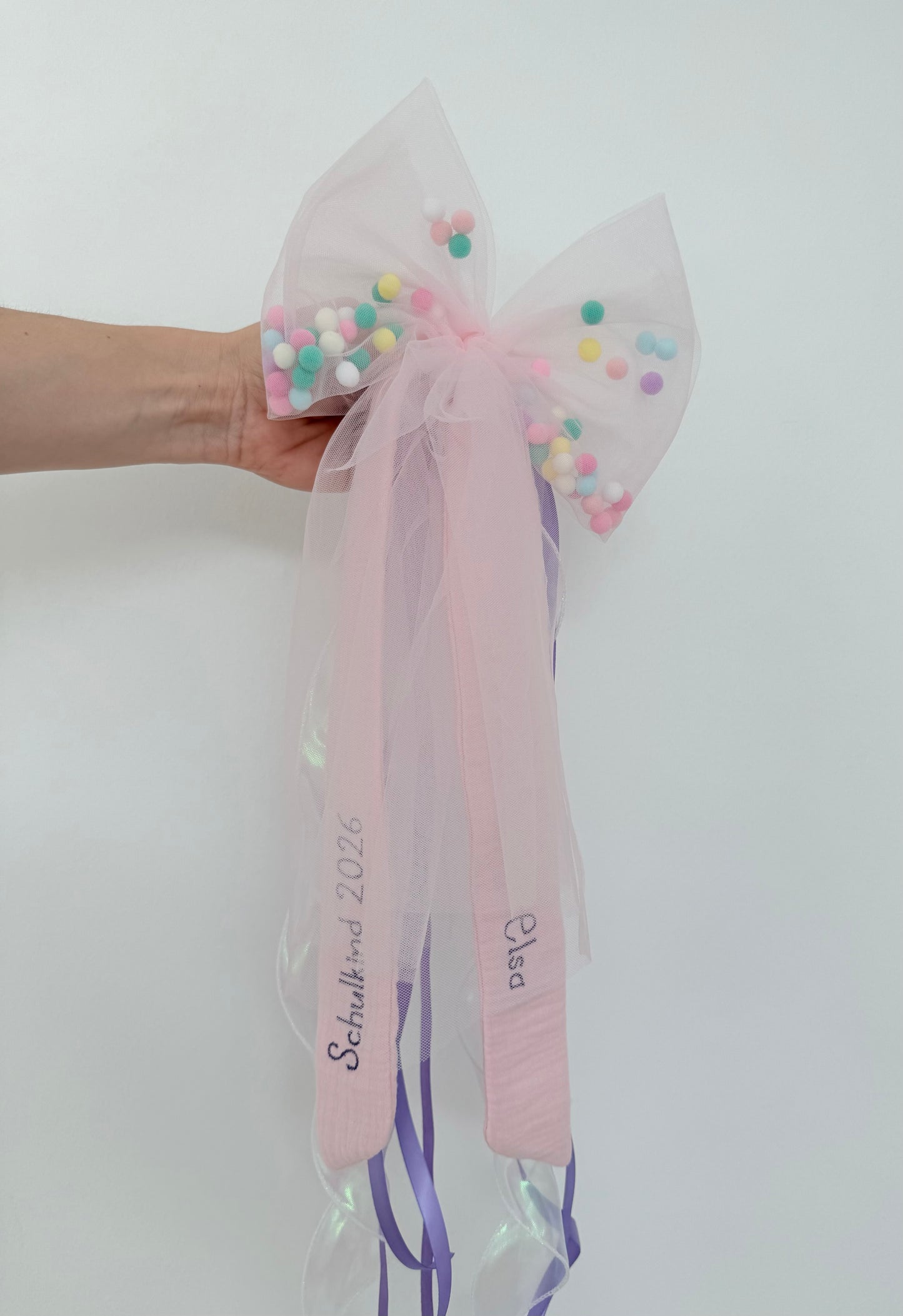 Dein Design personalisierte Pompon-Tüllschleife für Schultüte (70 cm), Kita- & Geschwistertüten (35 cm)