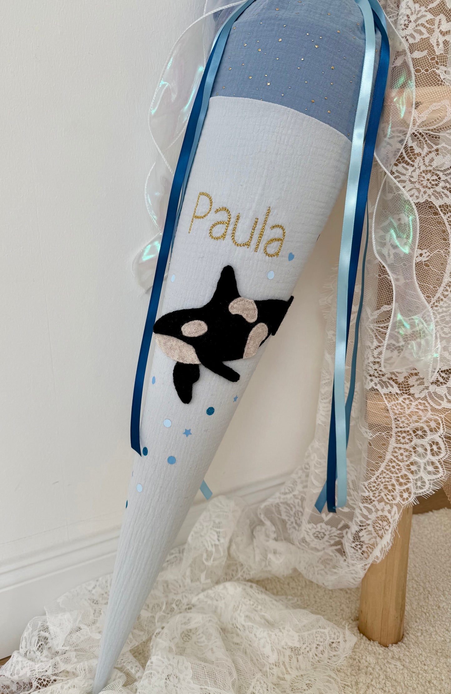 Musselin Schultüte 70 cm, – personalisiert inkl. Rohling optional mit Inlett Kissen | Schultüte aus Stoff