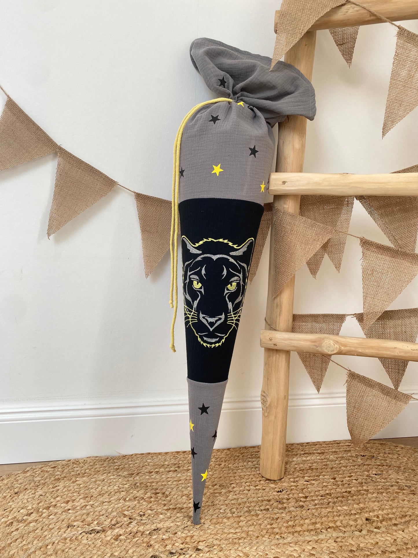 Musselin Schultüte Panther 70 cm | Geschwistertüte 35 cm | Kissen Inlett