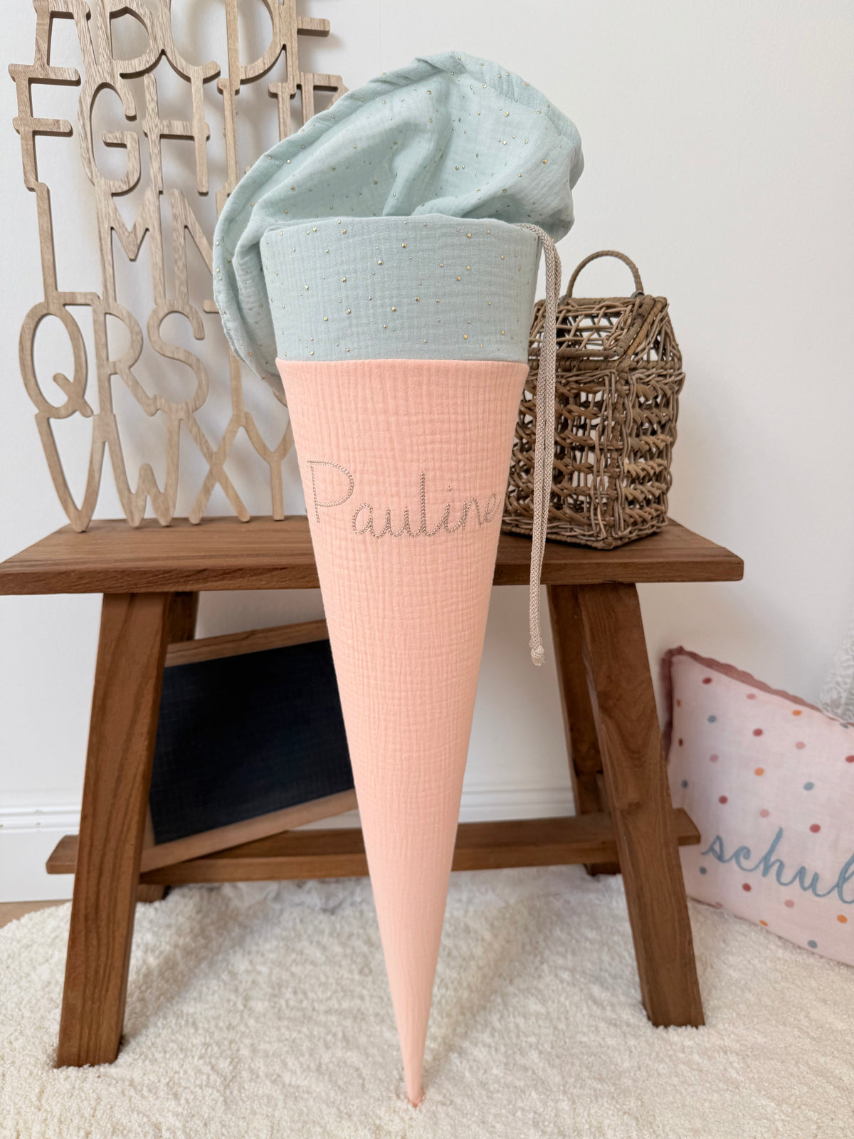✨ BESTSELLER ✨ Basic Musselin Schultüte 70 cm – personalisierbar, individuelle Farbauswahl, goldene Punkte, für Jungen und Mädchen