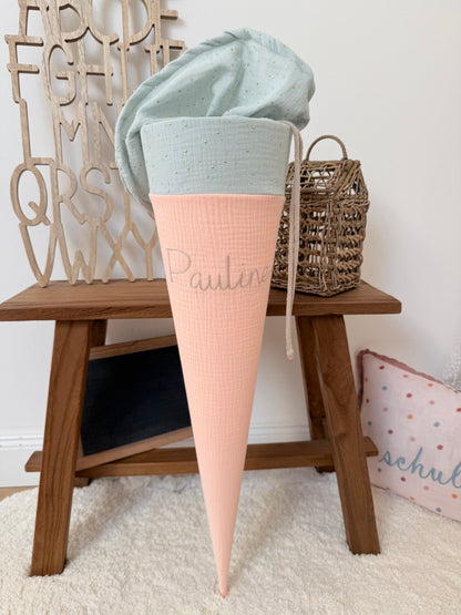 ✨ BESTSELLER ✨ Basic Musselin Schultüte 70 cm – personalisierbar, individuelle Farbauswahl, goldene Punkte, für Jungen und Mädchen