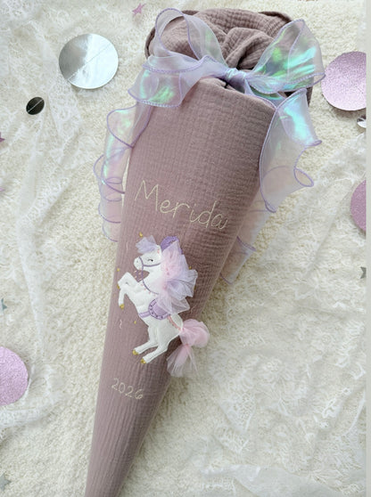 Zirkuspferd Musselin Schultüte 70 cm, optional Inlett-Kissen