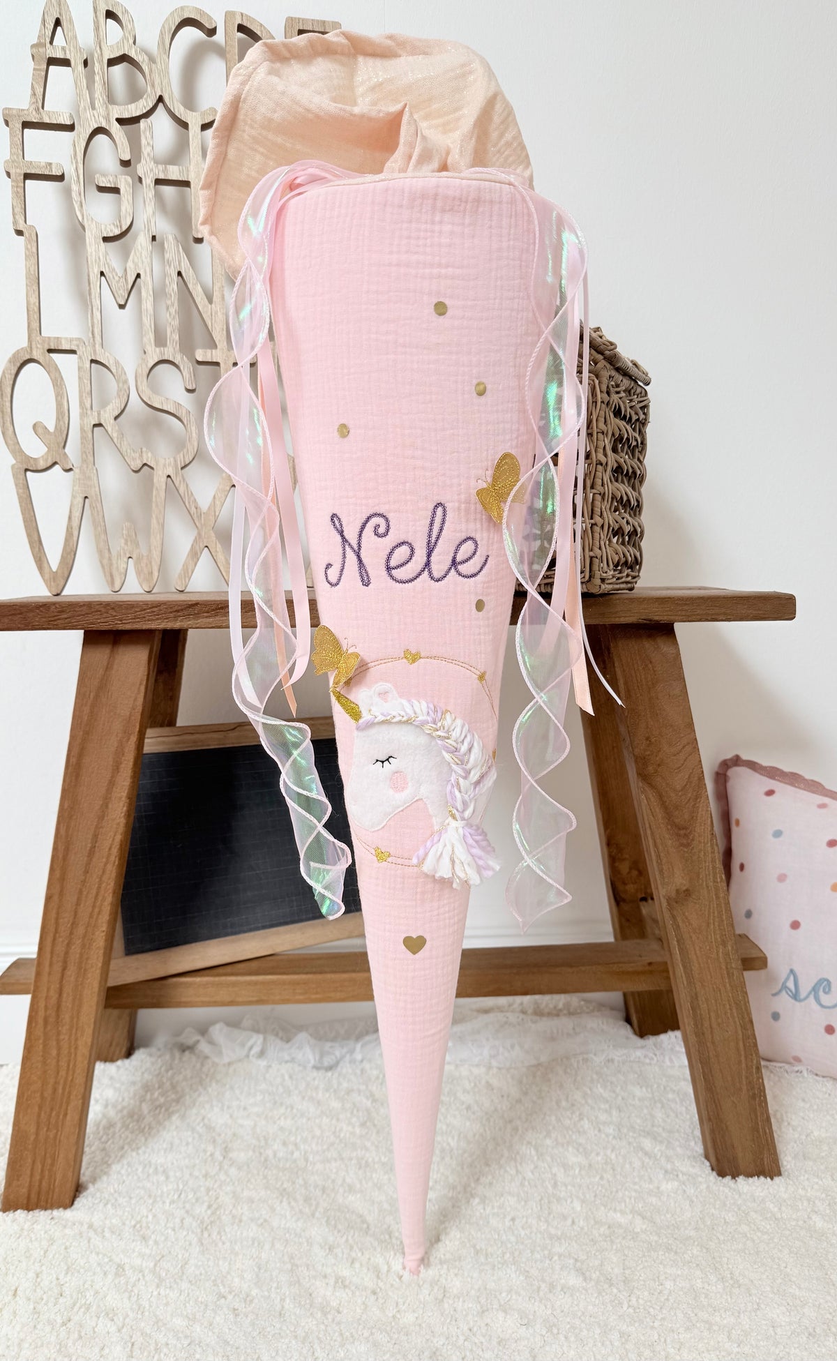 Musselin Schultüte 70cm,Babyrosa, Glitzer, Einhorn mit Schmetterlingen – optional mit Kissen