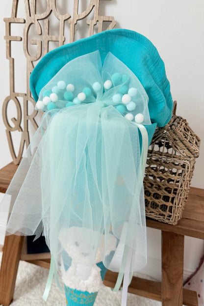 Musselin Schultüte 70 cm Türkis weißer Hund, Welpe zur Einschulung für Mädchen, optional mit Pompon-Tüllschleife und Kisseninlett