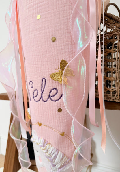 Musselin Schultüte 70cm,Babyrosa, Glitzer, Einhorn mit Schmetterlingen – optional mit Kissen