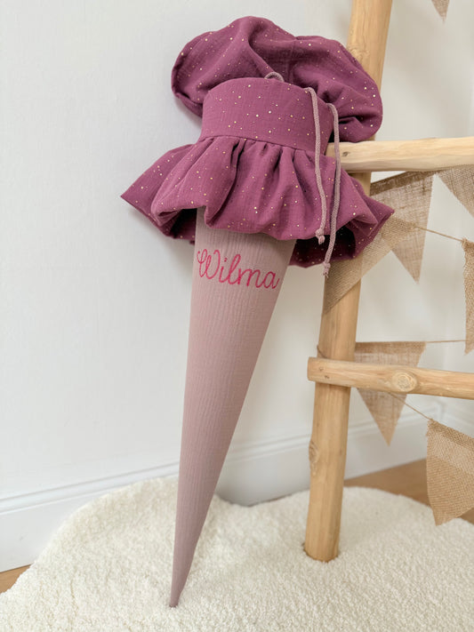 Basic Musselin Schultüte mit Rüsche und goldenen Punkten 70 cm, viele Farben, personalisierbar, Kisseninlett optional