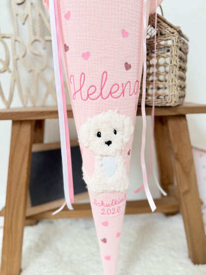Musselin Schultüte 70 cm Babyrosa weißer Hund, Welpe zur Einschulung für Mädchen, optional mit Pompon-Tüllschleife und Kissen