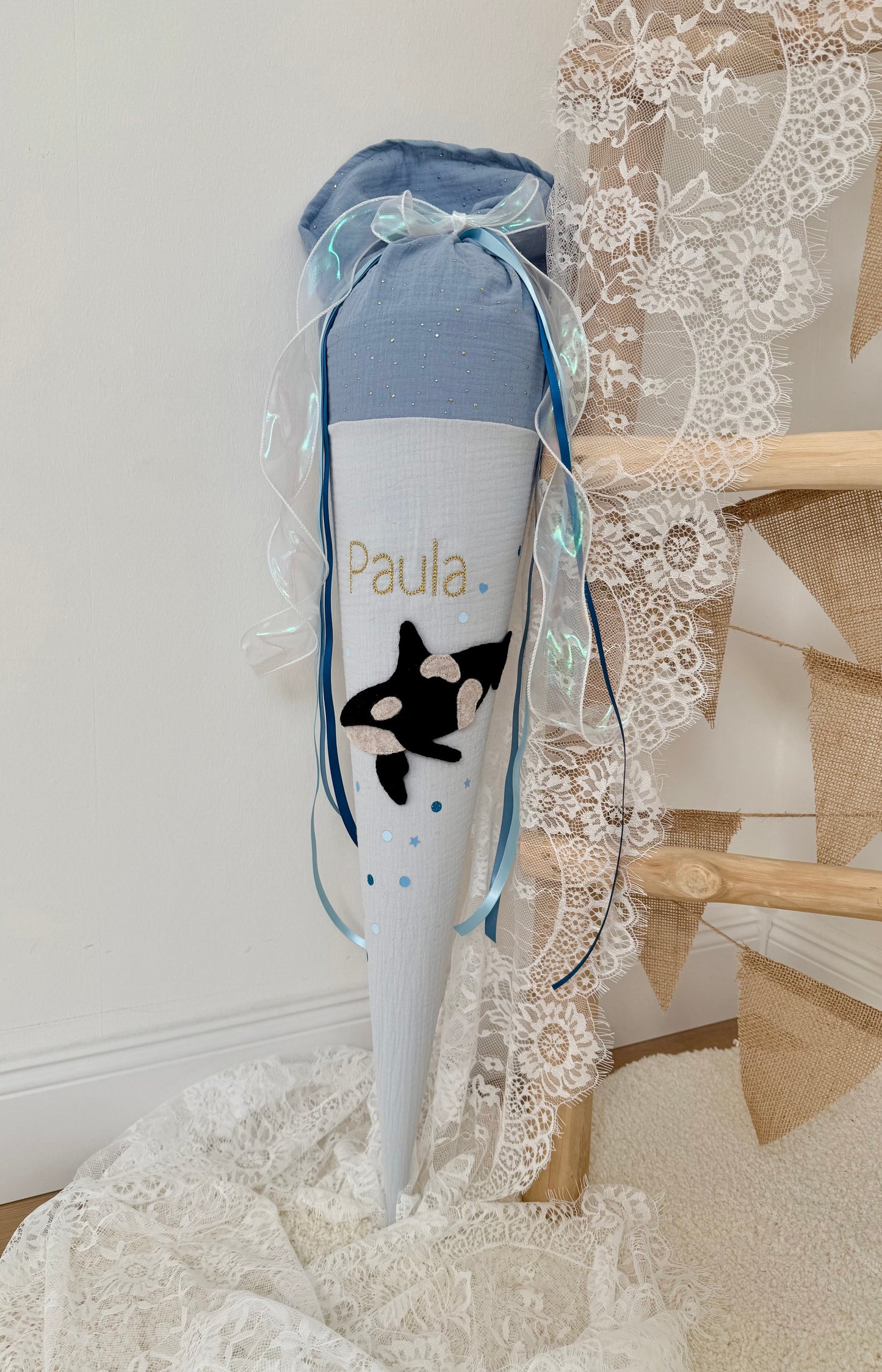 Musselin Schultüte 70 cm, – personalisiert inkl. Rohling optional mit Inlett Kissen | Schultüte aus Stoff