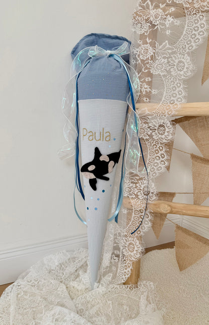 Musselin Schultüte 70 cm, – personalisiert inkl. Rohling optional mit Inlett Kissen | Schultüte aus Stoff