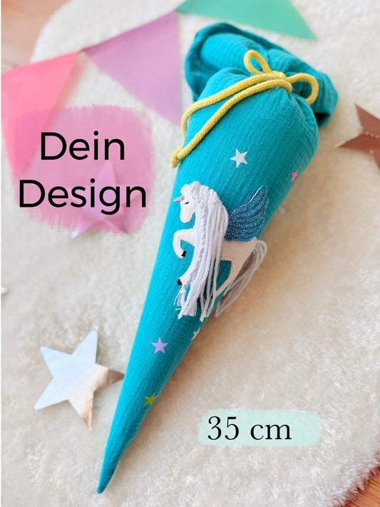 Dein Design | Musselin Geschwistertüte Schultüte 35 cm | Einhorn mit Flügeln | Pegasus | Regenbogenmähne | Kissen Inlett