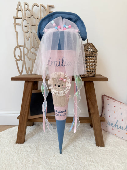 Musselin Schultüte 70 cm Löwin, personalisiert- optional mit Kissen