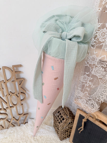 Musselin Schultüte Zucker-Bären mit Rüsche für Mädchen 70cm, inklusive Rohling, optional mit Inlett Kissen | Schultüte aus Stoff