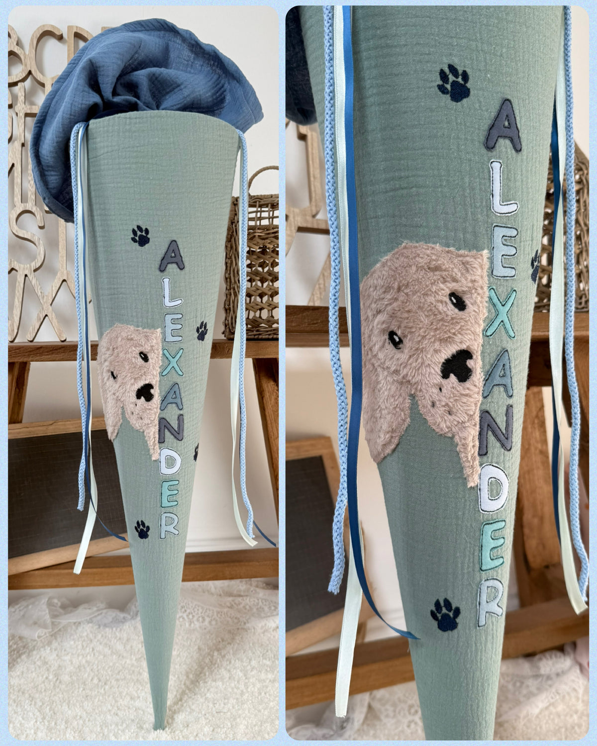 Musselin Schultüte 70 cm Hund Bunte Buchstaben, Name senkrecht- optional mit Kissen